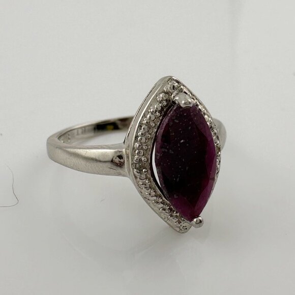 Marquise Cut Garnet & Diamond Ring - Sterling Silver - Size 7 - Picture 10 of 13